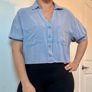 Altar'd State Light Blue Button-Down Linen Cropped Shirt